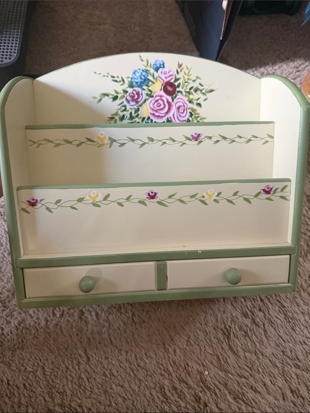 Vintage Floral Cream and Green Desktop Mail & Stationery Organizer